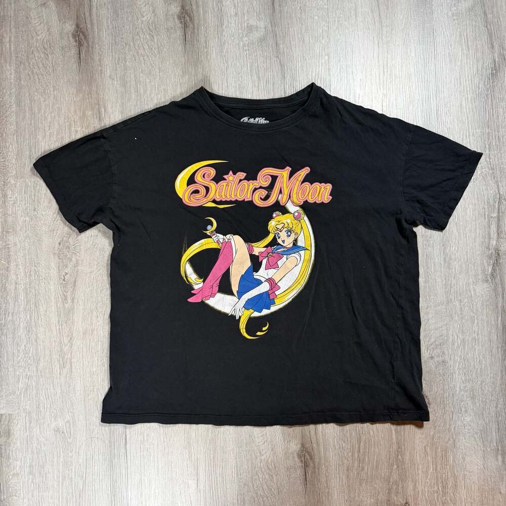 Womens Sailor Moon Graphic Logo and Character Black Crewneck Cropped T-Shirt